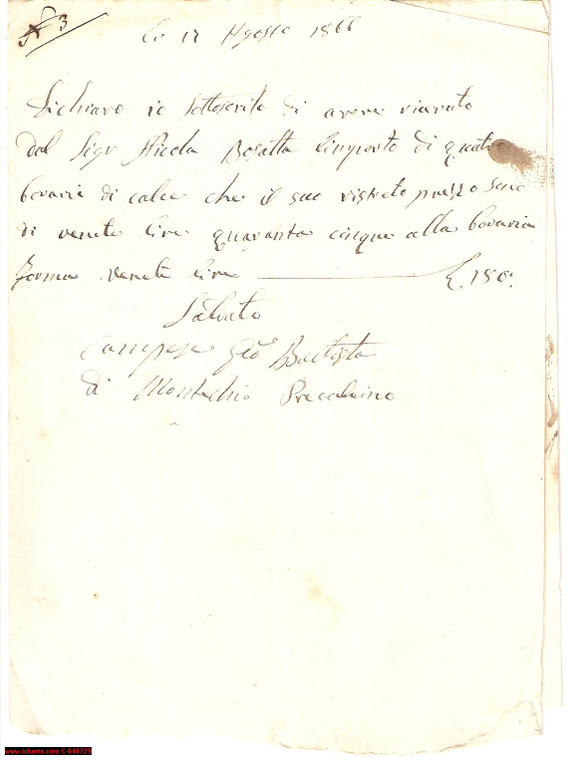 1866 MONTECCHIO PRECALCINO VI Nicola BOSATTA paga calce