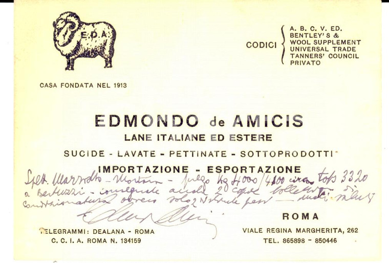 1950 ca ROMA Edmondo DE AMICIS Lane italiane ed estere *Cartoncino pubblicitario