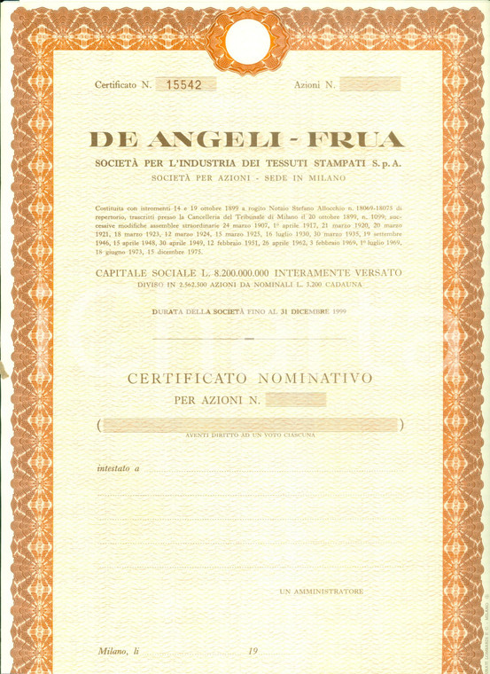 1975 ca MILANO Tessuti stampati DE ANGELI-FRUA certificato azionario 29 CEDOLE