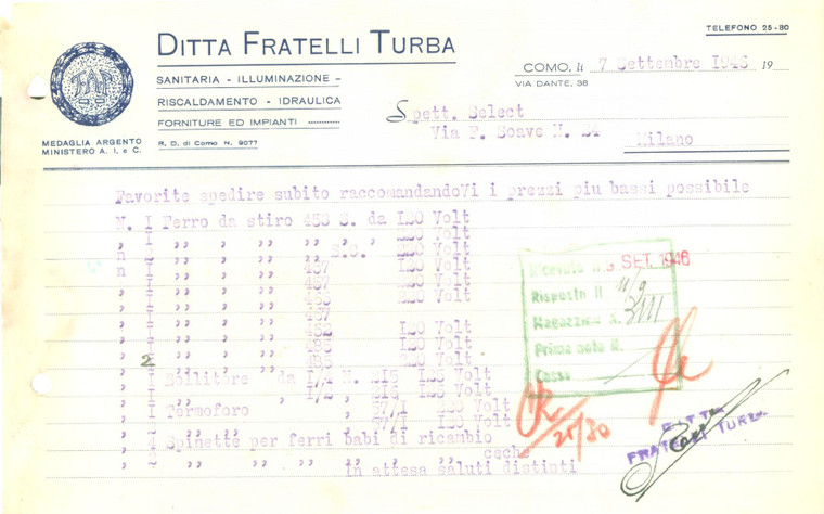 1946 COMO Ditta Fratelli TURBA Sanitaria illuminazione riscaldamento *Fattura