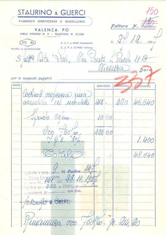 1957 VALENZA (AL) Fabbrica oreficeria e gioielleria STAURINO & GUERCI *Fattura