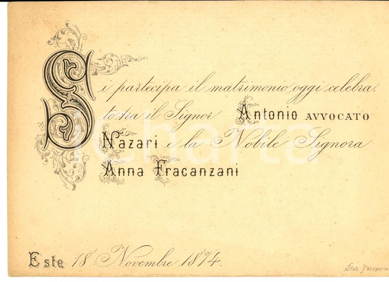 1874 ESTE (PD) Partecipazione nozze avv. Antonio NAZZARI - Anna FRACANZANI