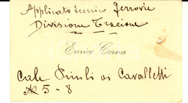 1920 ca VENEZIA Biglietto da visita Enrico CORNA applicato tecnico ferrovie