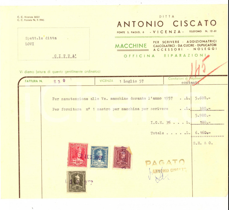 1957 VICENZA Ditta Antonio CISCATO Macchine per scrivere *Fattura commerciale