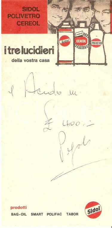 1965 ca SIDOL Tre lucidieri CEREOL Polivetro TABOR *Ricevuta 8x16 cm