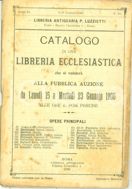 1900 ROMA Libreria antiquaria LUZZIETTI Asta biblioteca ecclesiastica *Catalogo
