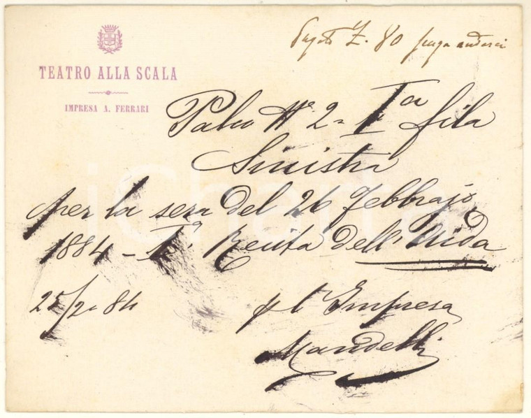 1880 MILANO Teatro alla Scala - Impresa A. Ferrati - Biglietto ricevuta palco