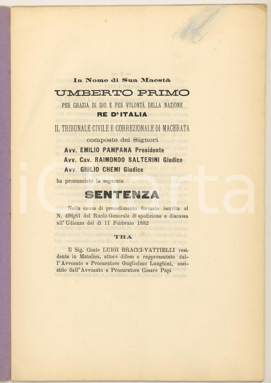 1882 MACERATA Sentenza pro conte Luigi VATTIELLI erede sorelle FLAMINI