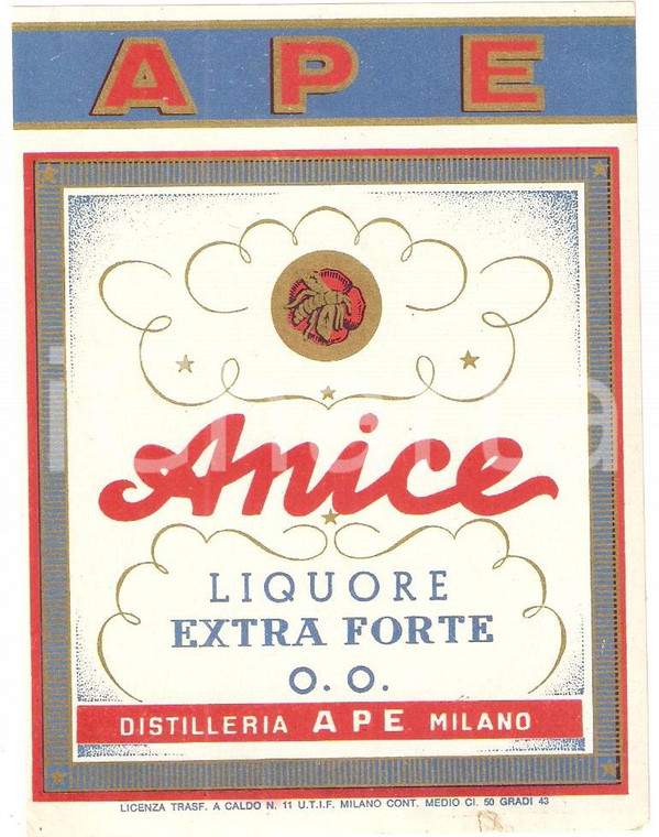 1970 ca MILANO Distilleria APE Liquore ANICE extra forte *Etichetta