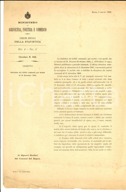 1889 ROMA MInistero Agricoltura - Statistica dei debiti comunali per mutui 