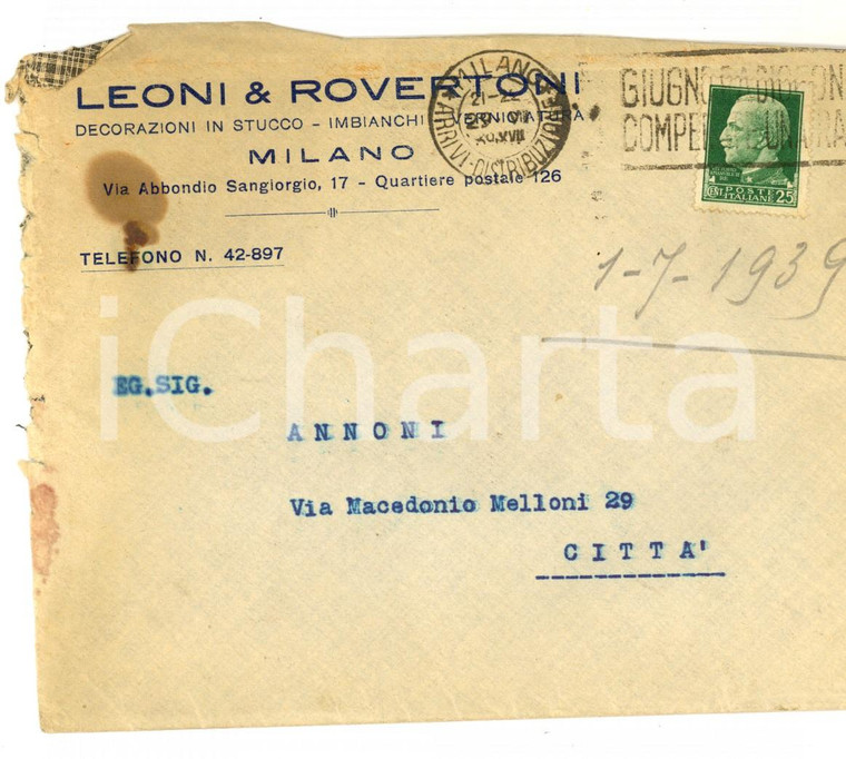 1939 MILANO STORIA POSTALE Busta intestata LEONI & ROVERTONI Imbianchi