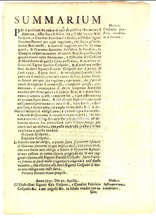 1740 MIRALDUOLO Fratelli CRISPOLTI vendono beni di famiglia a Giacomo ANTONINI
