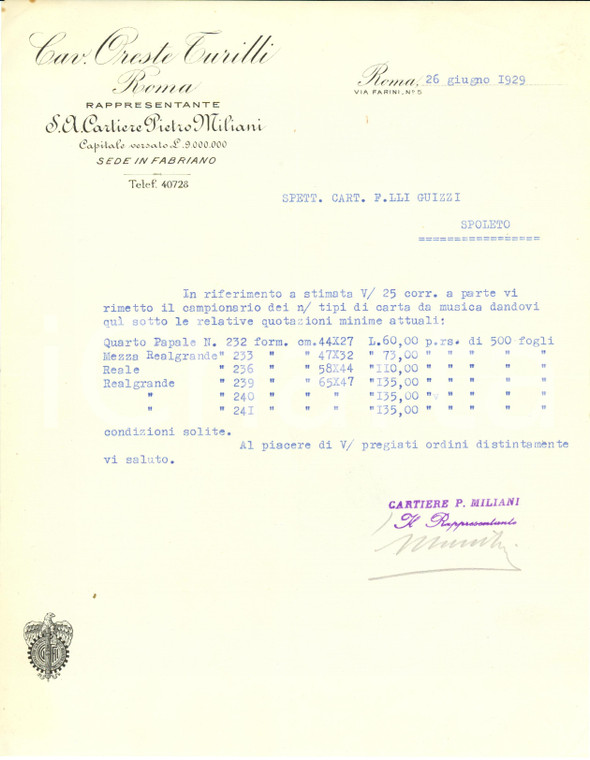 1929 ROMA Oreste TURILLI rappresentante Cartiere Pietro MILIANI *Lettera