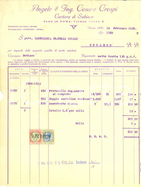 1929 ROMA Ditta Angelo & Cesare CRESPI Cartiera SUBIACO *Fattura DANNEGGIATA