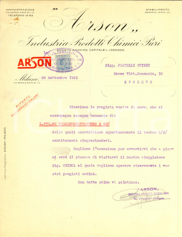 1921 MILANO Ditta ARSON Industria Prodotti Chimici puri *Lettera commerciale