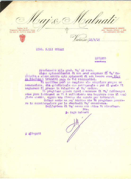 1929 VARESE MAJ & MALNATI Stabilimento TIPOGRAFICO Libretti paga *Lettera