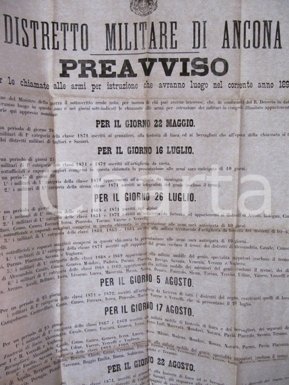 1899 ANCONA Chiamata alle armi istruzione militari in congedo Manifesto 70x100