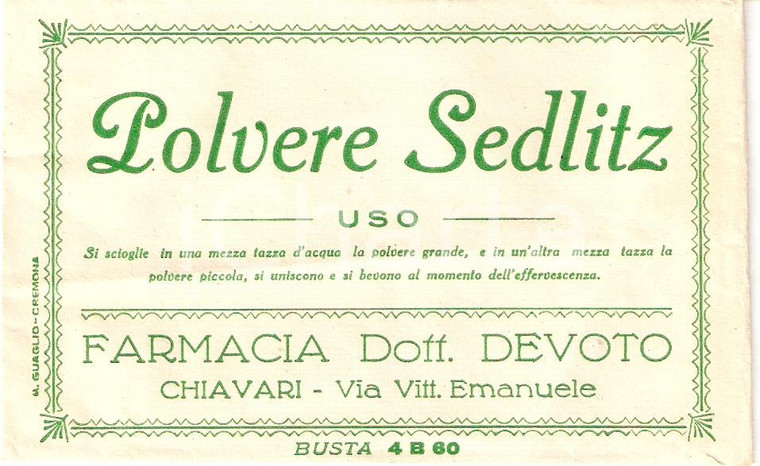 1930 ca CHIAVARI (GE) Polvere SEDLITZ Farmacia Dott. DEVOTO *Busta pubblicitaria