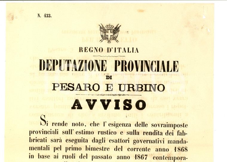 1868 PESARO Estimo rustico e rendita dei fabbricati *Manifesto 28 x 38 cm