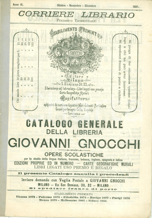 1881 MILANO Catalogo generale Libreria Giovanni GNOCCHI Opere scolastiche