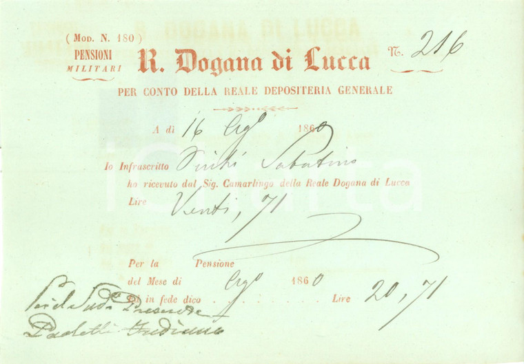 1860 LUCCA REGIA DOGANA Pensione militare per Sabatino PICCHI rata di agosto