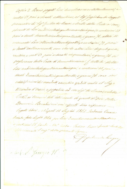 1862 NAPOLI Giulia DE BARRAS riscuote pagamento dovuto *Manoscritto