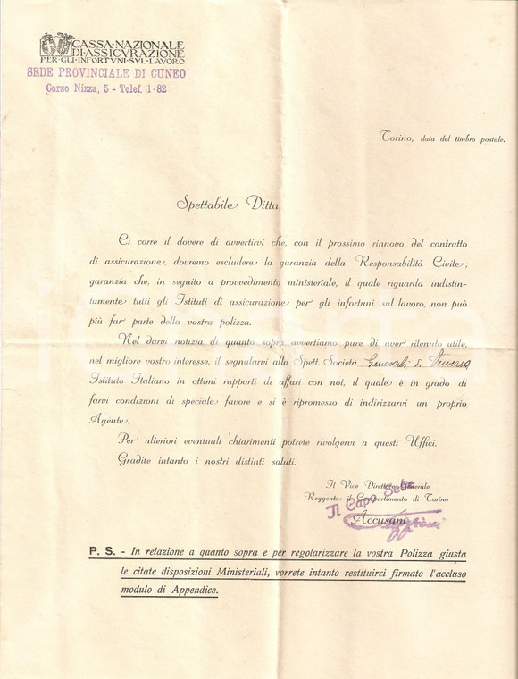 1925 ca CUNEO Cassa Nazionale Assicurazione consiglia ASSICURAZIONI GENERALI