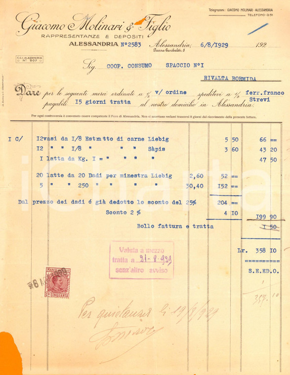 1929 ALESSANDRIA Giacomo MOLINARI & Figlio - Rappresentanze e depositi *Fattura