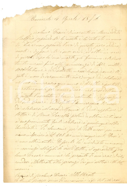 1876 BACIARDI (PU) Testamento di Girolamo CESARI con pio legato *Manoscritto