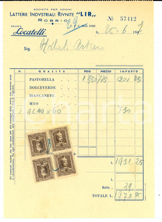 1947 ROBBIO (PV) Latterie Industriali Riunite LIR LOCATELLI *Fattura intestata