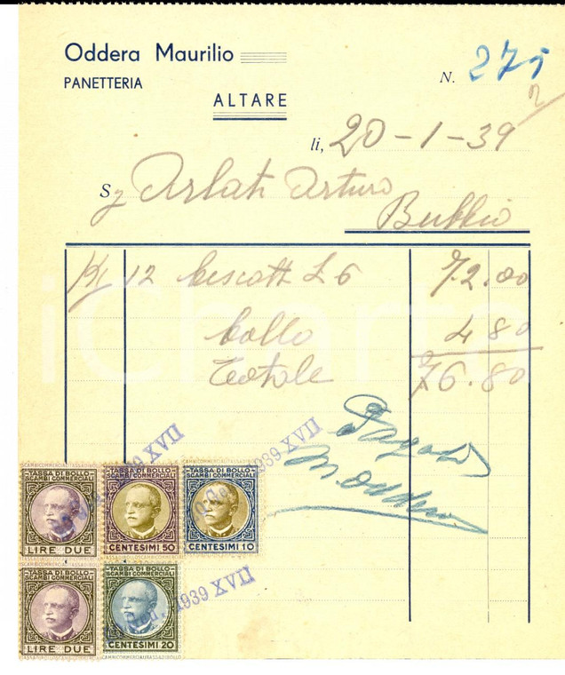 1939 ALTARE (SV) Maurilio ODDERA panetteria *Fattura intestata