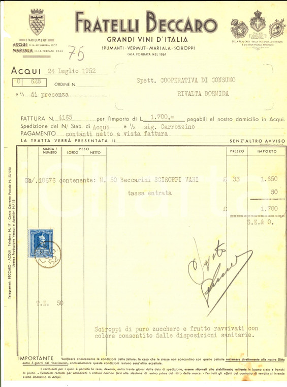 1952 ACQUI TERME (AL) Fratelli BECCARO grandi vini d'Italia *Fattura intestata