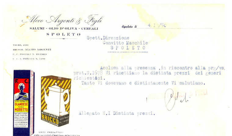 1950 SPOLETO (PG) Alceo ARGENTI & Figli Salumi e cereali *Lettera commerciale