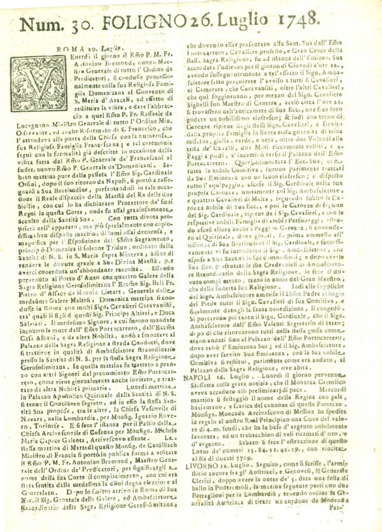 1748 GIORNALE DI FOLIGNO n. 30 Padre Antonin BREMOND visita i luoghi sacri ROMA