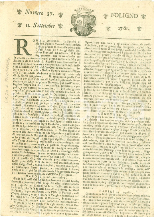 1761 GIORNALE DI FOLIGNO n. 37 Diffusione e misure contro la peste a DULCIGNO