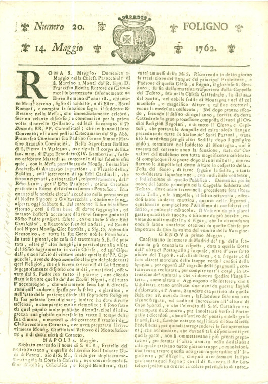 1762 GIORNALE DI FOLIGNO n. 20 Cerimonia traslazione del Sangue di SAN GENNARO