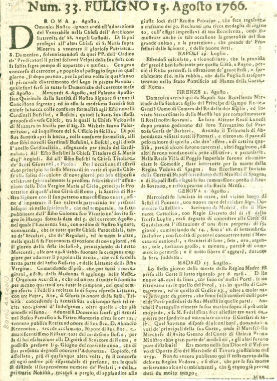 1766 GIORNALE DI FOLIGNO n. 33 Concistoro Segreto al WUIRINALE *DANNEGGIATO