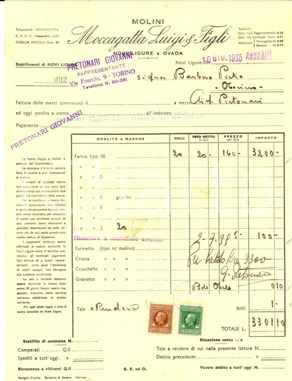 1935 NOVI LIGURE (AL) Molini Luigi MOCCAGATTA e Figli *Fattura per farina