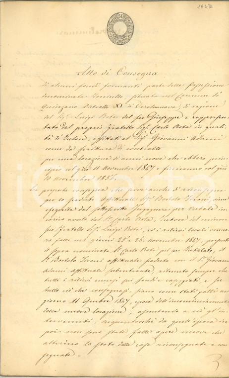 1847 QUINZANO D'OGLIO Atto di consegna fondi proprietà TORRICELLO *Manoscritto