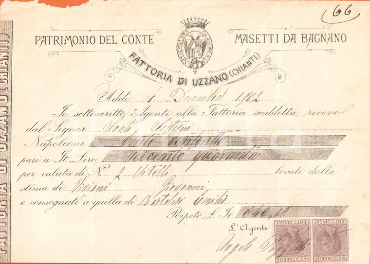 1902 UZZANO (PT) Fattoria del Conte MASETTI DA BAGNANO Ricevuta bestiame