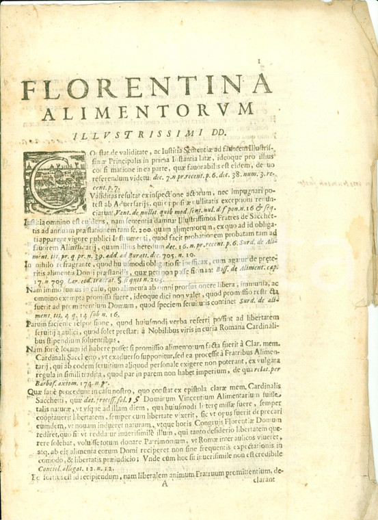 1679 FIRENZE Alimenti per senatore Vincenzo SACCHETTI Capolettera immagine città