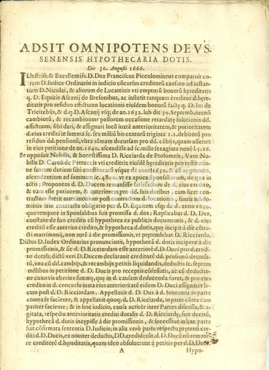 1666 SIENA Francesco PICCOLOMINI Ricciarda DEI TOLOMEI eredità Ascanio BRESONI