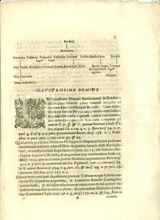 1683 FIRENZE Eredità Bartolomeo BANDENI con albero genealogico *Documento