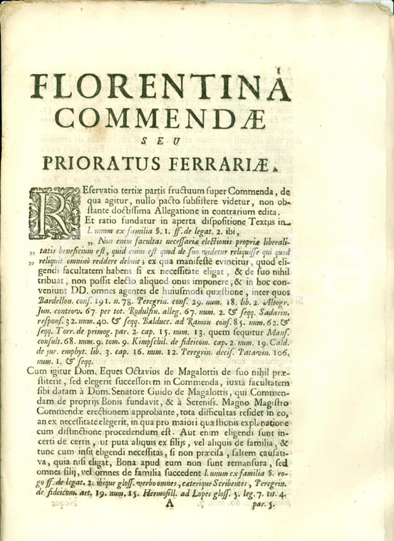 1710 FIRENZE Primogenitura per Commenda Guido MAGALOTTI Priorato FERRARA 10 pag.