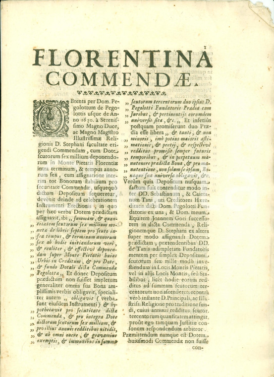 1708 FIRENZE Assegnazione dote a Commenda Pegolotto PEGOLOTTI *Memoriale