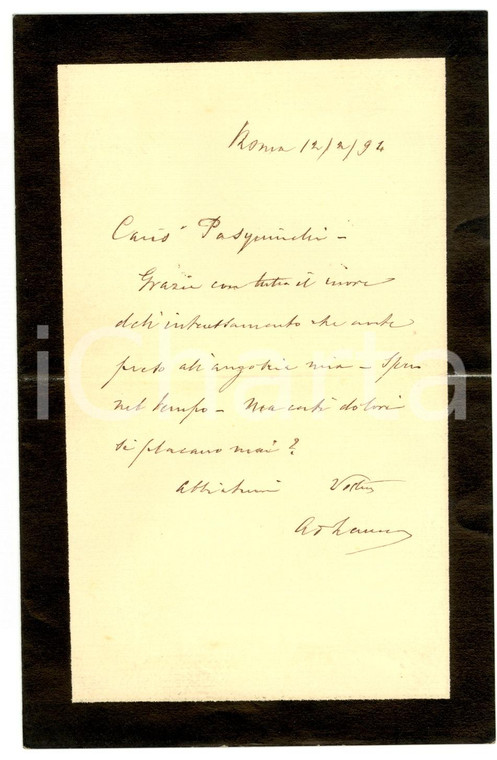 1894 ROMA Lettera al garibaldino Agostino PASQUINELLI