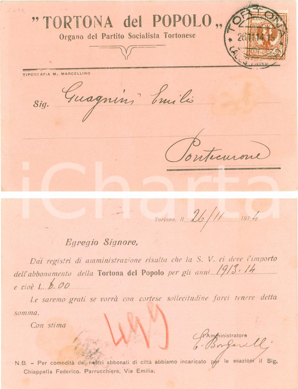 1914 TORTONA Emilio GUAGNINI abbonato TORTONA POPOLO