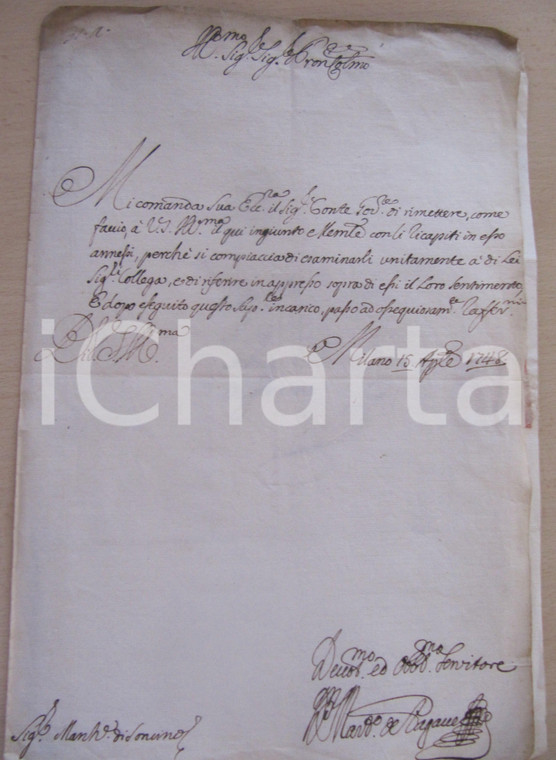 1748 MILANO Lettera per invio indirizzi a Massimiliano STAMPA DI SONCINO