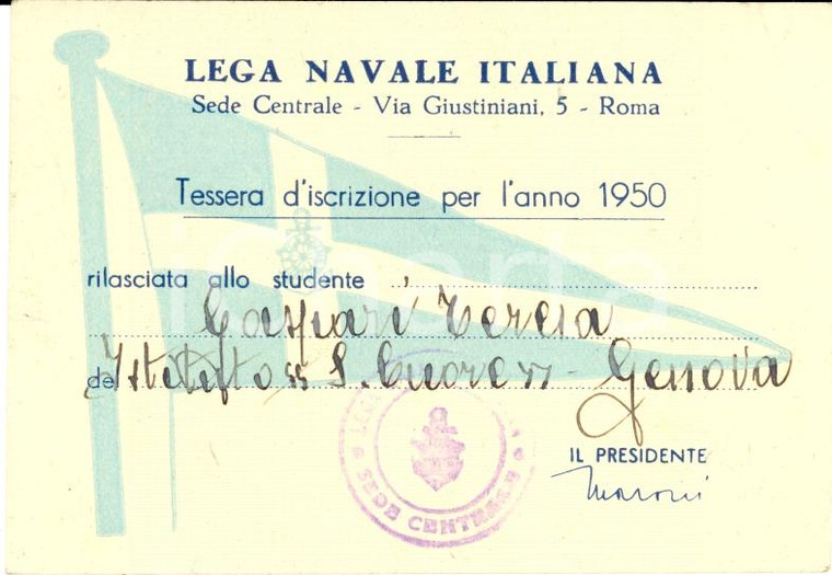 1950 LEGA NAVALE ROMA Tessera Teresa GASPARI Istituto Sacro Cuore GENOVA