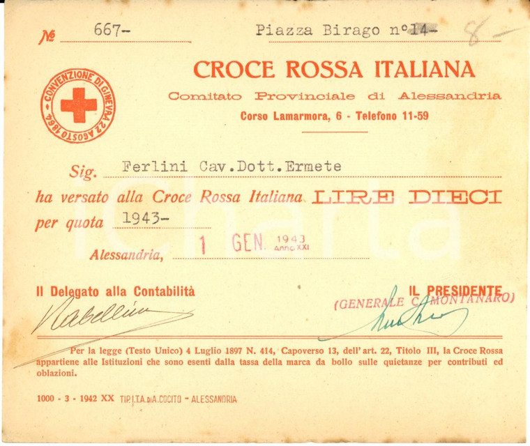 1943 ALESSANDRIA WWII Ermete FERLINI versa 10 lire a CROCE ROSSA ITALIANA